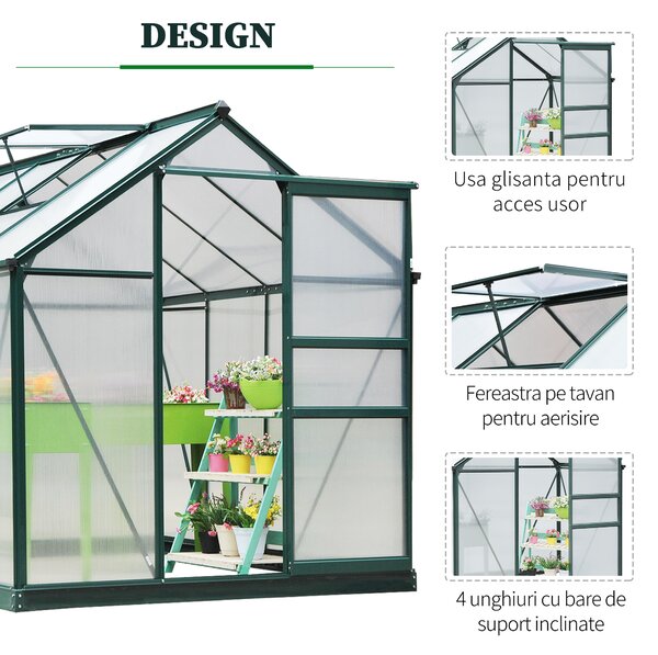 Outsunny Seră de Grădină cu Bază, Fereastră, Ușă Glisantă și Structură din Aluminiu, 190x252x201 cm, Verde Închis | Aosom Romania