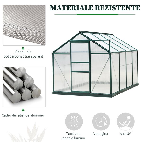 Outsunny Seră de Grădină cu Bază, Fereastră, Ușă Glisantă și Structură din Aluminiu, 190x252x201 cm, Verde Închis | Aosom Romania