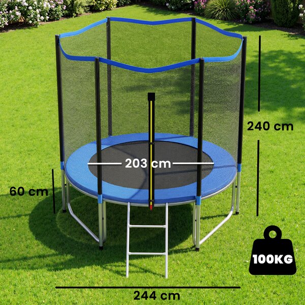 SPORTNOW Trambulină Elastică pentru Adulți Ø244cm, Covor Elastic pentru Adulți cu Plasă de Protecție, Scară cu 2 Trepte, Protecție pentru Arcuri, Structură din Oțel, Capacitate 100kg, Albastru | Aosom Romania