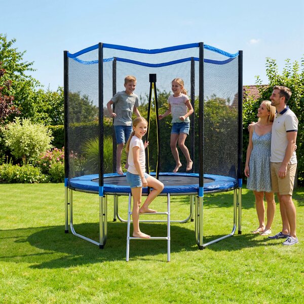 SPORTNOW Trambulină Elastică pentru Adulți Ø244cm, Covor Elastic pentru Adulți cu Plasă de Protecție, Scară cu 2 Trepte, Protecție pentru Arcuri, Structură din Oțel, Capacitate 100kg, Albastru | Aosom Romania