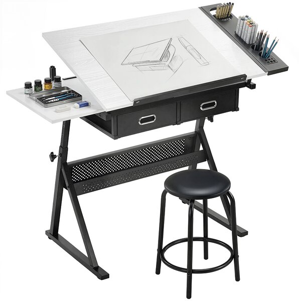 HOMCOM Masă de desen cu taburet și 2 sertare, înălțime reglabilă, blat înclinabil 0° à 60°, 120 x 60 x 68-92 cm, alb | Aosom Romania