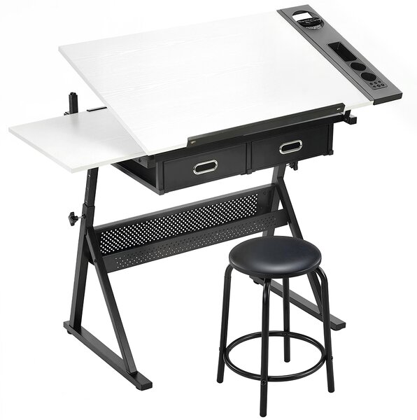 HOMCOM Masă de desen cu taburet și 2 sertare, înălțime reglabilă, blat înclinabil 0° à 60°, 120 x 60 x 68-92 cm, alb | Aosom Romania