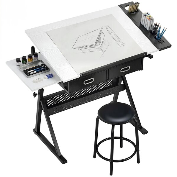 HOMCOM Masă de desen cu taburet și 2 sertare, înălțime reglabilă, blat înclinabil 0° à 60°, 120 x 60 x 68-92 cm, alb | Aosom Romania