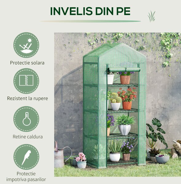 Outsunny Seră Verticală cu 4 Rafturi, Sera de Grădină cu Ușă cu Fermoar, Oțel și PE Verde, 70x50x160 cm | Aosom Romania