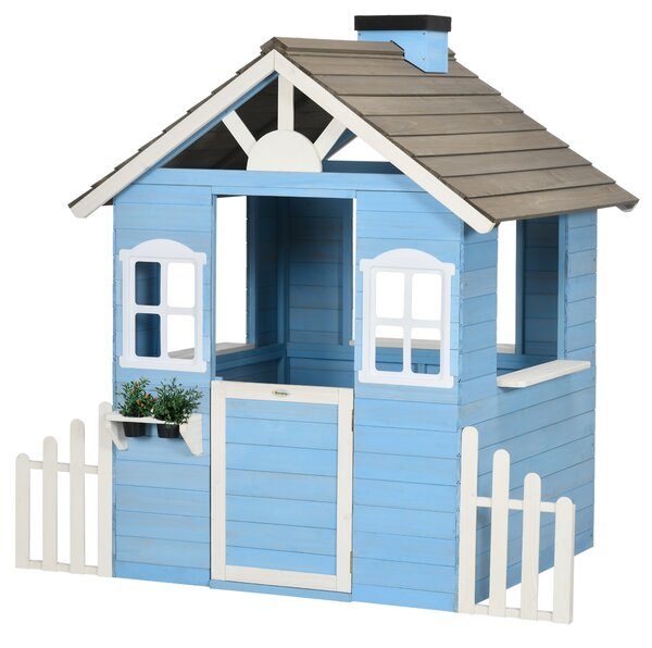 Outsunny Căsuță din Lemn de Exterior pentru Copii cu Ușă și Ferestre, Căsuță pentru Copii de 3-7 Ani, 151x112.5x142 cm, Albastru | Aosom Romania