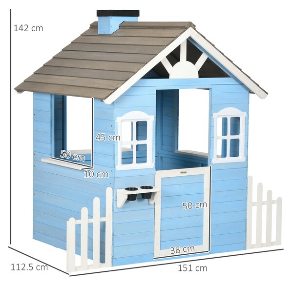 Outsunny Căsuță din Lemn de Exterior pentru Copii cu Ușă și Ferestre, Căsuță pentru Copii de 3-7 Ani, 151x112.5x142 cm, Albastru | Aosom Romania