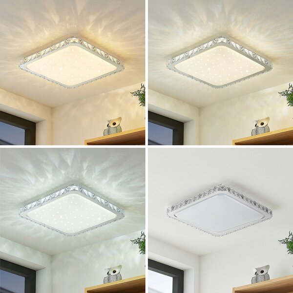 Lindby LED plafonieră Lorand, cristale, CCT, telecomandă, reglabil, Alb, Camera de zi / sufragerie, Cristal, Modern