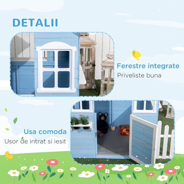 Outsunny Căsuță din Lemn de Exterior pentru Copii cu Ușă și Ferestre, Căsuță pentru Copii de 3-7 Ani, 151x112.5x142 cm, Albastru | Aosom Romania