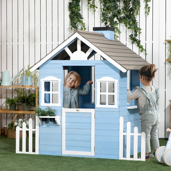 Outsunny Căsuță din Lemn de Exterior pentru Copii cu Ușă și Ferestre, Căsuță pentru Copii de 3-7 Ani, 151x112.5x142 cm, Albastru | Aosom Romania