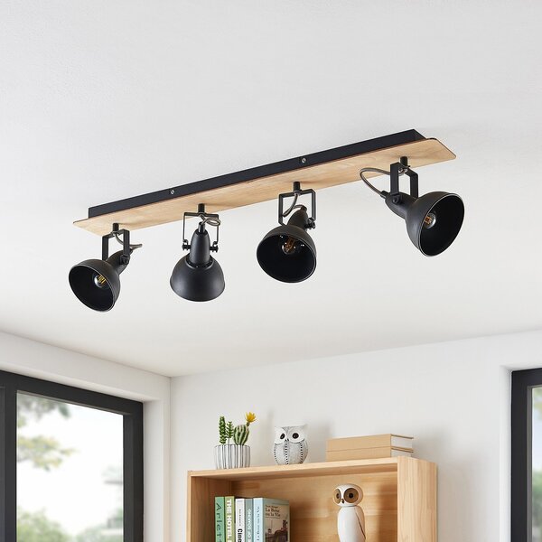 Lindby Aylis plafonieră, 4 becuri, 82 cm, negru, lemn, E14, reglabil, Negru, Camera de zi / sufragerie, Metal, Design industrial