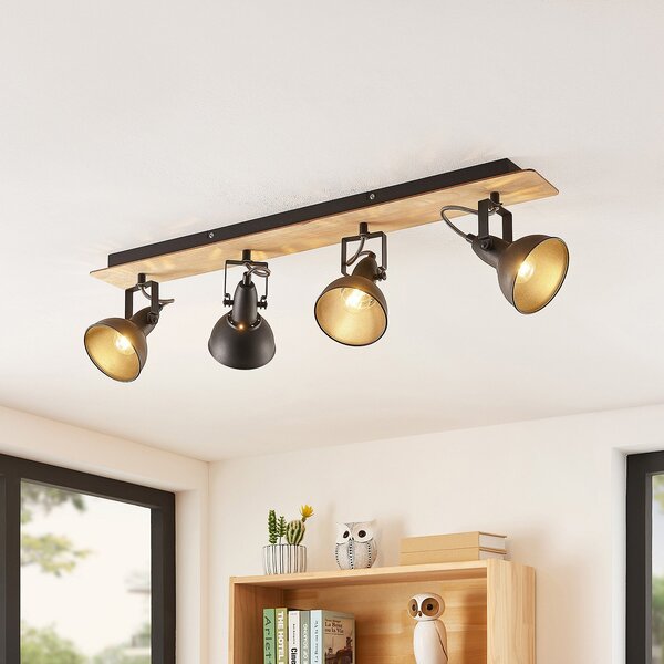 Lindby Aylis plafonieră, 4 becuri, 82 cm, negru, lemn, E14, reglabil, Negru, Camera de zi / sufragerie, Metal, Design industrial