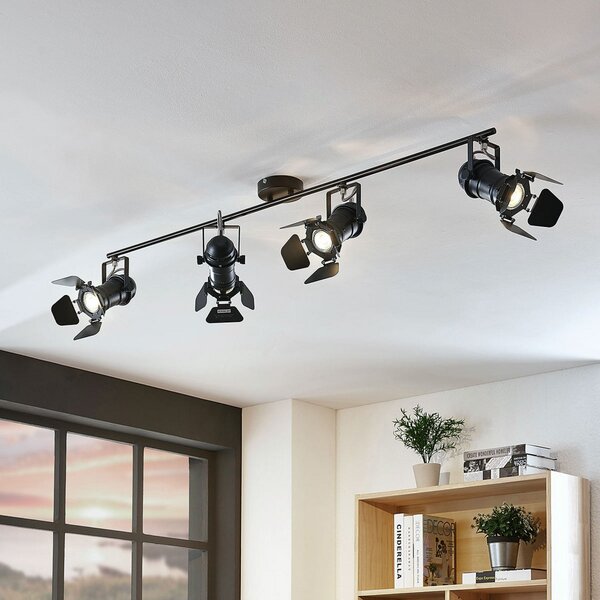 Lindby Tilen spot de plafon, 4 becuri, negru, metal, 125cm, reglabil, Negru, Camera de zi / sufragerie, Metal, Design industrial