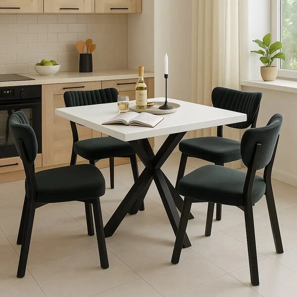 Set Masa Bucatarie cu 4 Scaune , masa MDF, Alb,80x80x74 cm