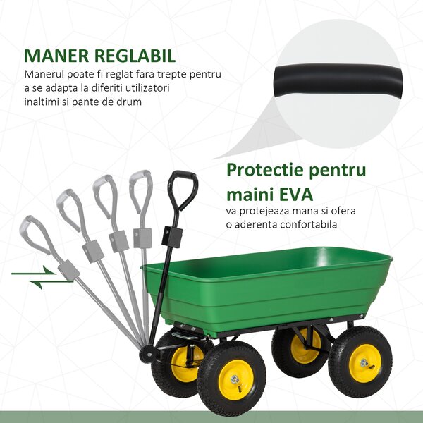 Cărucior de grădină Outsunny 125L din oțel și PP cu cadă rabatabilă și mâner de transport, 118x58x102 cm, de culoare verde închis | Aosom Romania