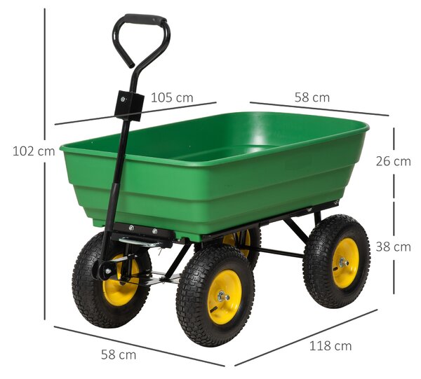 Cărucior de grădină Outsunny 125L din oțel și PP cu cadă rabatabilă și mâner de transport, 118x58x102 cm, de culoare verde închis | Aosom Romania