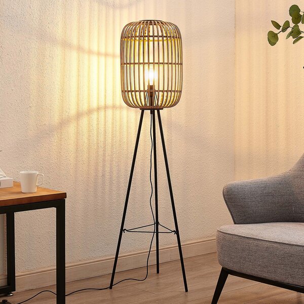 Lindby Canyana lampadar, 139 cm, natural, rattan, trepied, Lemn, Camera de zi / sufragerie, Lemn, Casă de țară / Rustic, Tripod