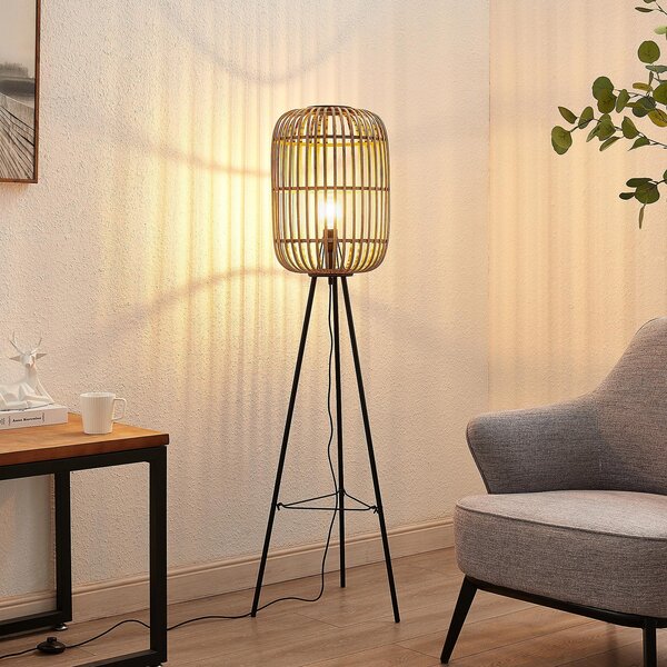 Lindby Canyana lampadar, 139 cm, natural, rattan, trepied, Lemn, Camera de zi / sufragerie, Lemn, Casă de țară / Rustic, Tripod