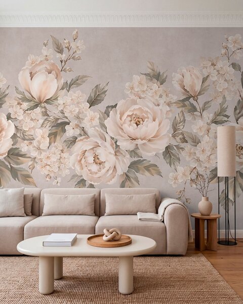 Tapet Flori delicate, de culoarea cremei, și frunze verzi, într-o paletă de culori pastelate, Fototapet în stil vintage, w05926 : Uwalls.ro