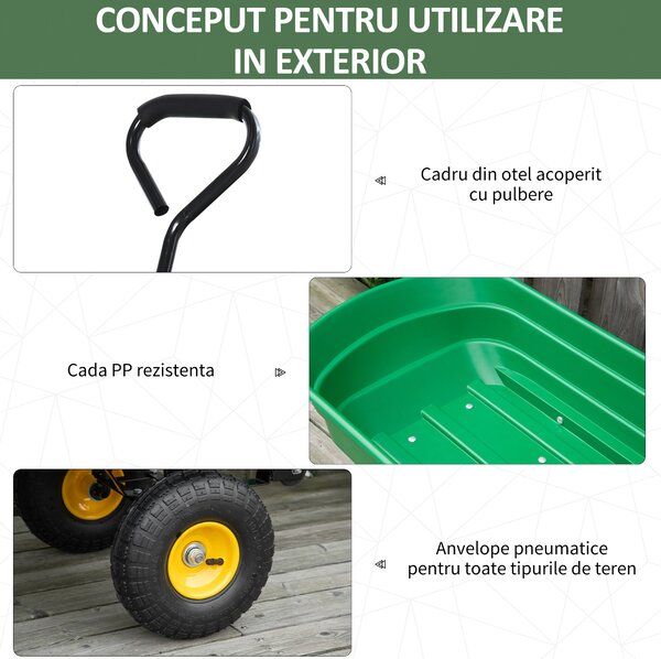 Cărucior de grădină 75L din oțel și PP cu cuvă rabatabilă și mâner de transport, 109x52x94 cm, de culoare verde închis Outsunny | Aosom Romania