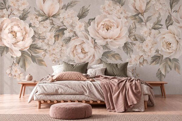 Tapet Flori delicate, de culoarea cremei, și frunze verzi, într-o paletă de culori pastelate, Fototapet în stil vintage, w05926 : Uwalls.ro