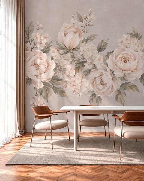 Tapet Flori delicate, de culoarea cremei, și frunze verzi, într-o paletă de culori pastelate, Fototapet în stil vintage, w05926 : Uwalls.ro