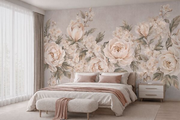 Tapet Flori delicate, de culoarea cremei, și frunze verzi, într-o paletă de culori pastelate, Fototapet în stil vintage, w05926 : Uwalls.ro