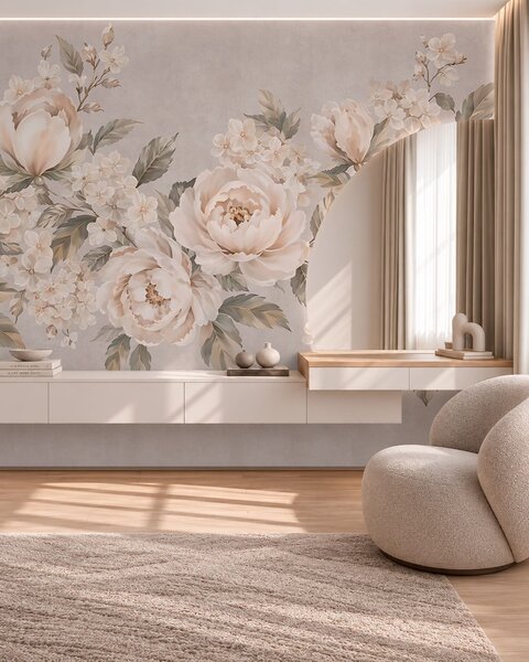 Tapet Flori delicate, de culoarea cremei, și frunze verzi, într-o paletă de culori pastelate, Fototapet în stil vintage, w05926 : Uwalls.ro