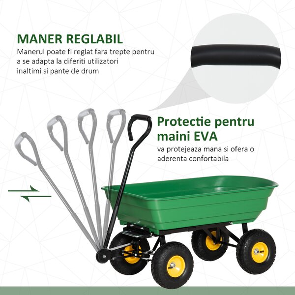 Cărucior de grădină 75L din oțel și PP cu cuvă rabatabilă și mâner de transport, 109x52x94 cm, de culoare verde închis Outsunny | Aosom Romania