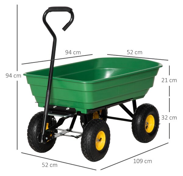 Cărucior de grădină 75L din oțel și PP cu cuvă rabatabilă și mâner de transport, 109x52x94 cm, de culoare verde închis Outsunny | Aosom Romania