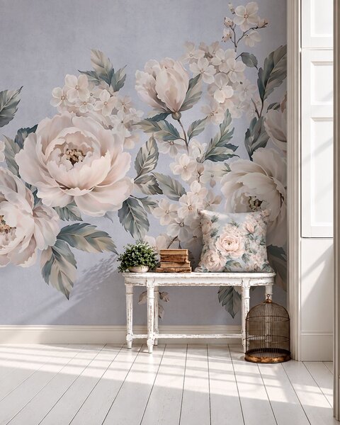 Tapet Flori delicate, de culoare pală, cu frunze, pe un fundal albastru, Fototapet în stil vintage, w05926v1 : Uwalls.ro