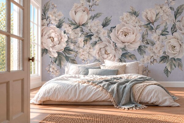Tapet Flori delicate, de culoare pală, cu frunze, pe un fundal albastru, Fototapet în stil vintage, w05926v1 : Uwalls.ro