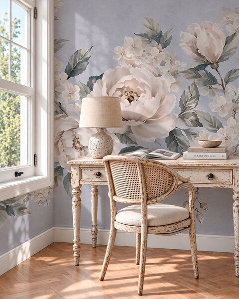 Tapet Flori delicate, de culoare pală, cu frunze, pe un fundal albastru, Fototapet în stil vintage, w05926v1 : Uwalls.ro