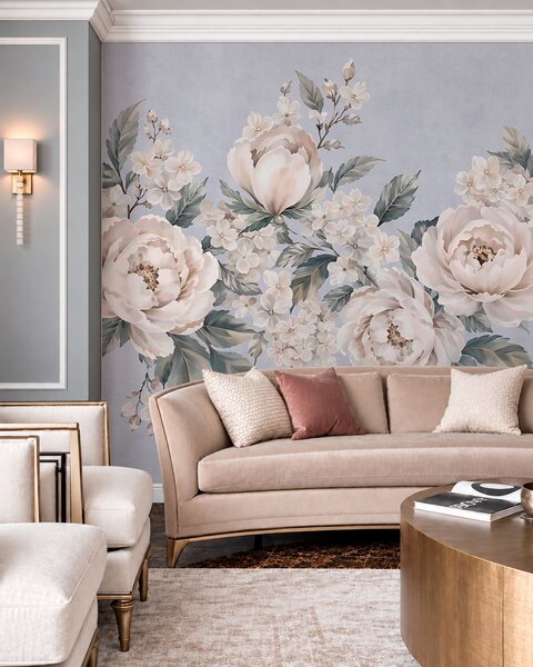 Tapet Flori delicate, de culoare pală, cu frunze, pe un fundal albastru, Fototapet în stil vintage, w05926v1 : Uwalls.ro