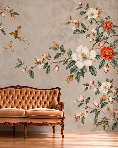 Tapet Ramuri înflorite și două păsări pe un fundal bej, Fototapet Flori, w05927v2 : Uwalls.ro