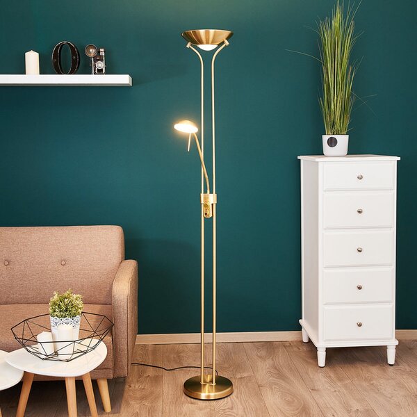 Lindby LED lampă de podea Josefin, alamă, lumină lectură, dimabil, reglabil, Auriu / Alamă, Camera de zi / sufragerie, Metal, Modern, Lumină de lectură