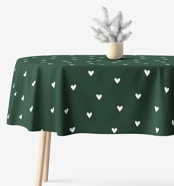 Goldea față de masă 100% bumbac - inimioare pe verde închis - ovală 140 x 180 cm