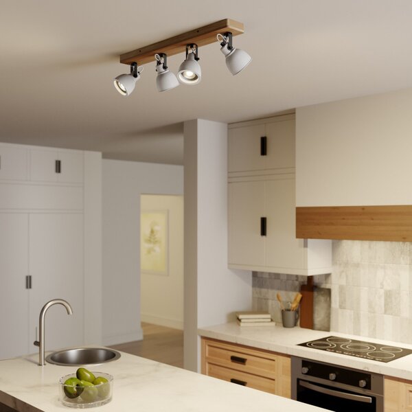 Lindby Spot Mitis, 70 cm, 4 becuri, gri, lemn, beton, GU10, reglabil, Lemn, Camera de zi / sufragerie, Lemn, Design industrial