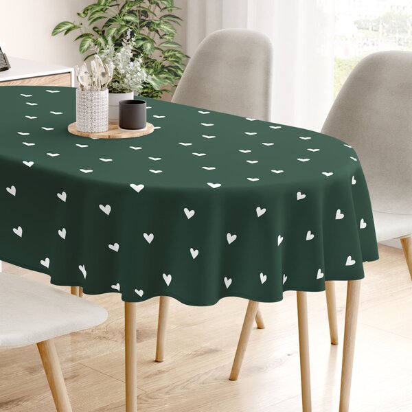 Goldea față de masă 100% bumbac - inimioare pe verde închis - ovală 140 x 180 cm