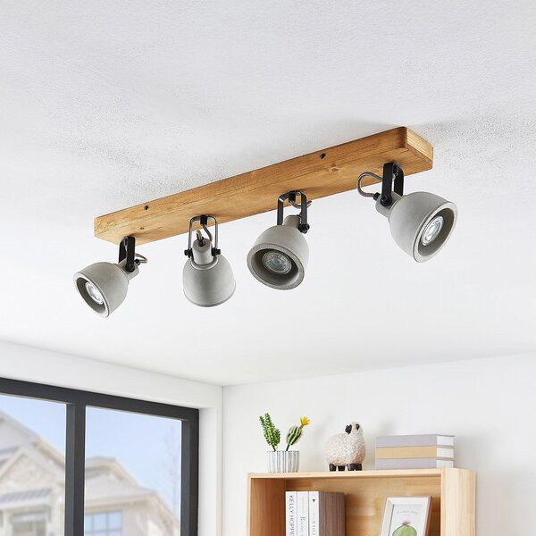 Lindby Spot Mitis, 70 cm, 4 becuri, gri, lemn, beton, GU10, reglabil, Lemn, Camera de zi / sufragerie, Lemn, Design industrial