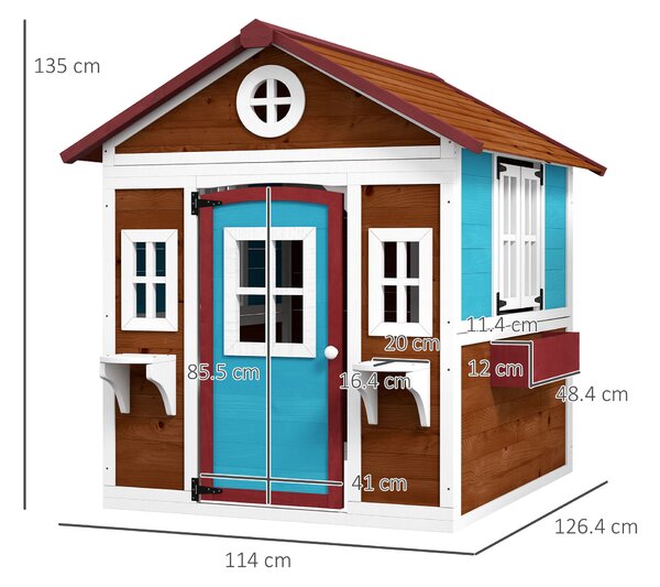 Outsunny Casuta de Joaca din Lemn pentru Copii pentru Exterior si Interior, Casa Wendy din Lemn cu Usi, Ferestre, Ghivece, Maro Inchis