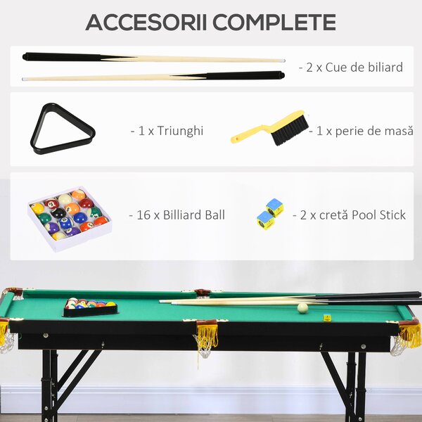 SPORTNOW Masă de Biliard Reglabilă pe Înălțime cu Accesorii, Masă din MDF și Oțel Carom, 140x60x55-75 cm, Verde | Aosom Romania