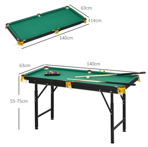 SPORTNOW Masă de Biliard Reglabilă pe Înălțime cu Accesorii, Masă din MDF și Oțel Carom, 140x60x55-75 cm, Verde | Aosom Romania