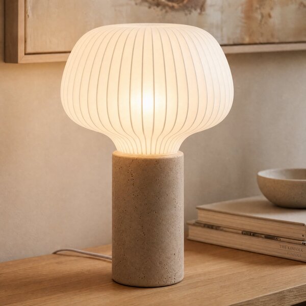 Lucande Lampa de masă Eloise, 42 cm, albă, material textil/beton, E27, Alb, Camera de zi / sufragerie, Țesătură / Textil, Scandinavă