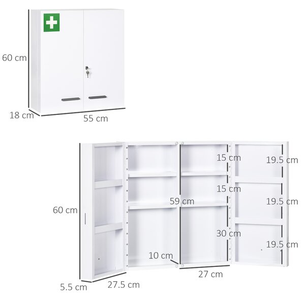 Kleankin Dulap pentru Medicamente cu 6 Rafturi cu Încuietoare și 2 Chei de Siguranță, Dulap din Oțel, 55x18x60 cm, Alb