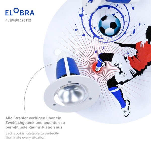 Elobra Plafonieră Soccer, 3 becuri, albastru-alb, reglabil, Albastru, Camera copiilor, Lemn, Plafon cu flacără multiplă