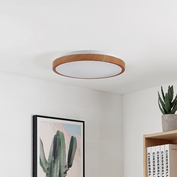 Lindby plafonieră LED Mynte, Ø42cm, aspect lemn, plastic, Lemn, Camera de zi / sufragerie, Plastic, Modern