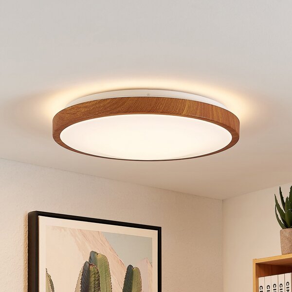 Lindby plafonieră LED Mynte, Ø42cm, aspect lemn, plastic, Lemn, Camera de zi / sufragerie, Plastic, Modern