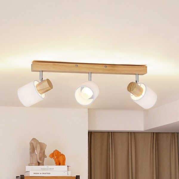 Lindby Spot de plafon Wanessa, 47cm, 3 becuri, alb, lemn, E14, reglabil, Lemn, Camera de zi / sufragerie, Lemn, Modern