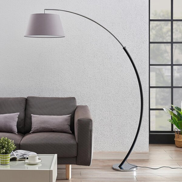 Lucande lampadar Evelyna, gri/negru, metal, 192cm, Gri, dormitor, Țesătură / Textil, Modern