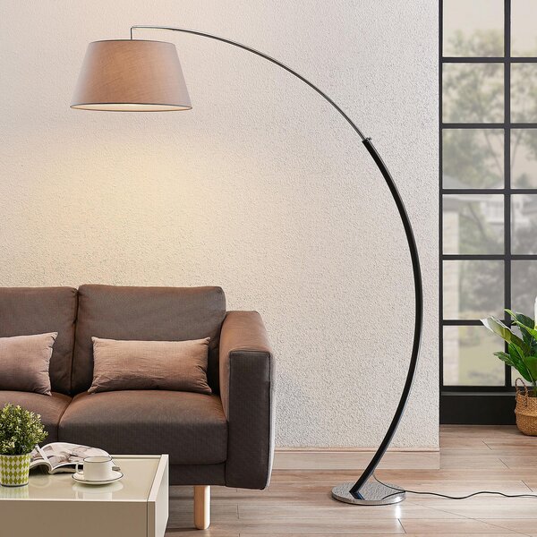 Lucande lampadar Evelyna, gri/negru, metal, 192cm, Gri, dormitor, Țesătură / Textil, Modern